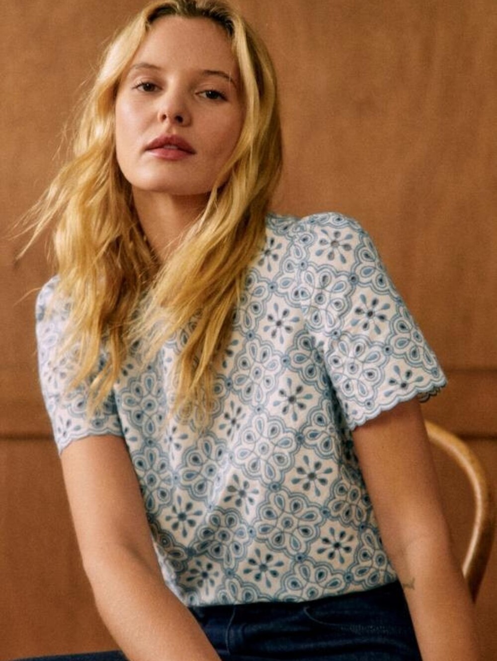 Sezane Annabelle Blouse, Contrasted Embroidery Ecru Vintage Blue, Sz 4, NWT
